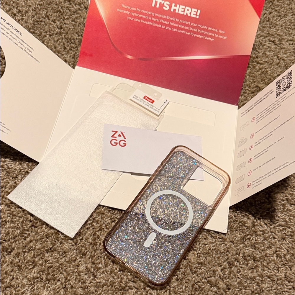 Silver sparkle CaseMate case & new Zagg screen protector for iPhone 15 ProMax